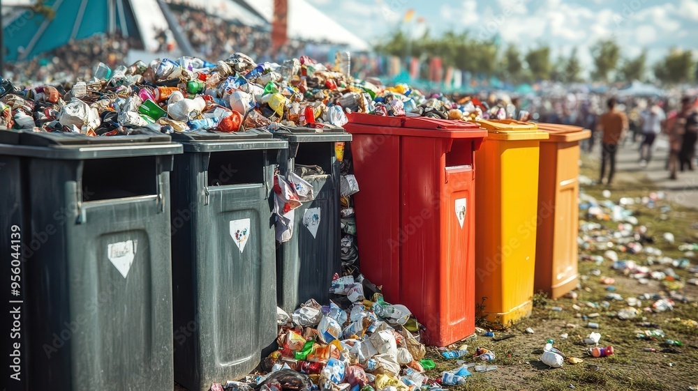 Overflowing garbage bins at a festival site, photorealistic, litter problem, public event pollution, environmental impact, high detail Overflowing garbage bins at a festival site, photorealistic, litter problem, public event pollution, environmental impact, high detail