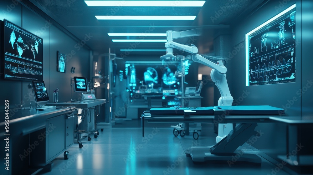 Futuristic Operating Room with Robotic Arm and Medical Equipment Futuristic Operating Room with Robotic Arm and Medical Equipment