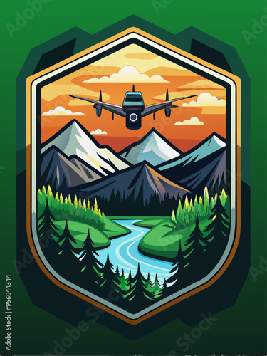 Airplane Flying Over Mountain Landscape at Sunset