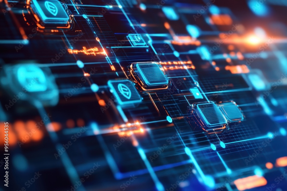 A digital circuit board design with glowing elements, representing technology and data flow. A digital circuit board design with glowing elements, representing technology and data flow.