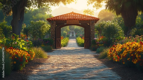 The entrance to a scenic winery, featuring a welcoming sign, rustic wooden gates, and vibrant flowers lining the path, with the sun casting a warm glow over the entire scene, photo