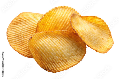 A small pile of ridged potato chips, all golden and crispy, isolated on a transparent background. The chips are stacked casually, showcasing their uniform, wavy texture