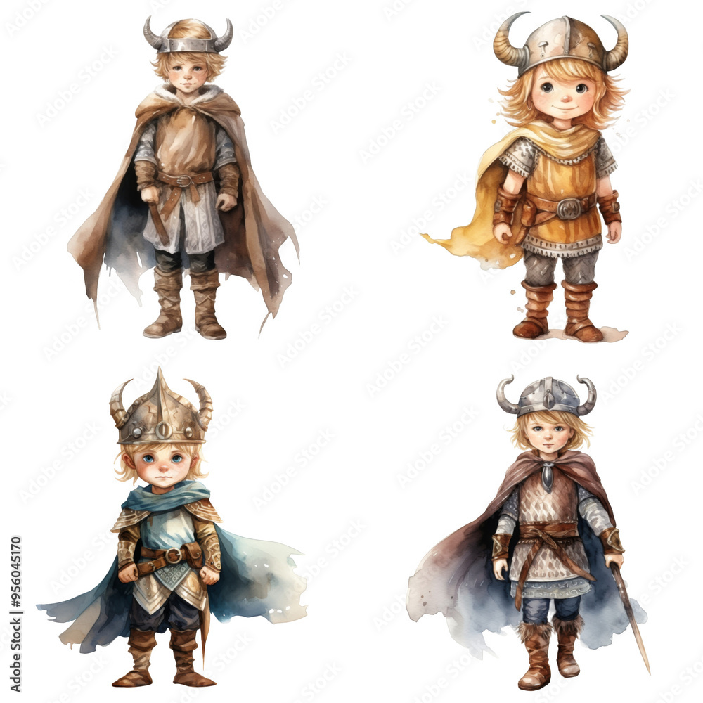 Four Watercolor Illustrations of Young Viking Boys in Armor Four Watercolor Illustrations of Young Viking Boys in Armor