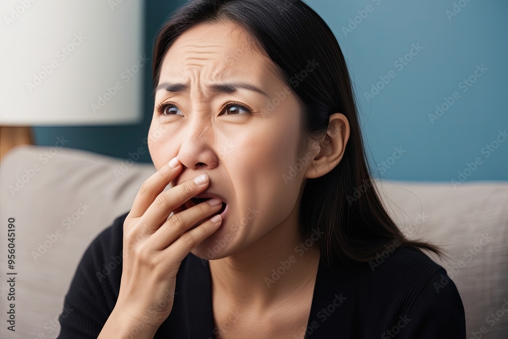 Asian Woman Coughing Due to Allergy Symptoms and Cold Illness Asian Woman Coughing Due to Allergy Symptoms and Cold Illness