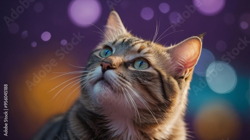 a cat looking up with a purple background.