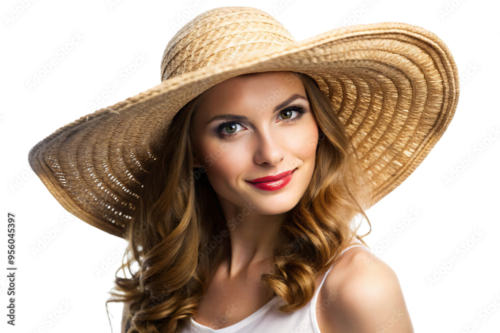 A woman wearing a wide-brimmed straw hat, with a gentle smile, slightly tilting her head, isolated on a transparent background. The hat casts a soft shadow on her face A woman wearing a wide-brimmed straw hat, with a gentle smile, slightly tilting her head, isolated on a transparent background. The hat casts a soft shadow on her face