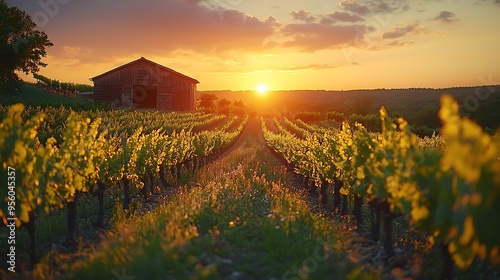 The sun dipping below the horizon in a vineyard, casting a warm golden light on the grapevines, with a rustic barn in the distance, the sky filled with deep oranges and purples, HD quality, photo