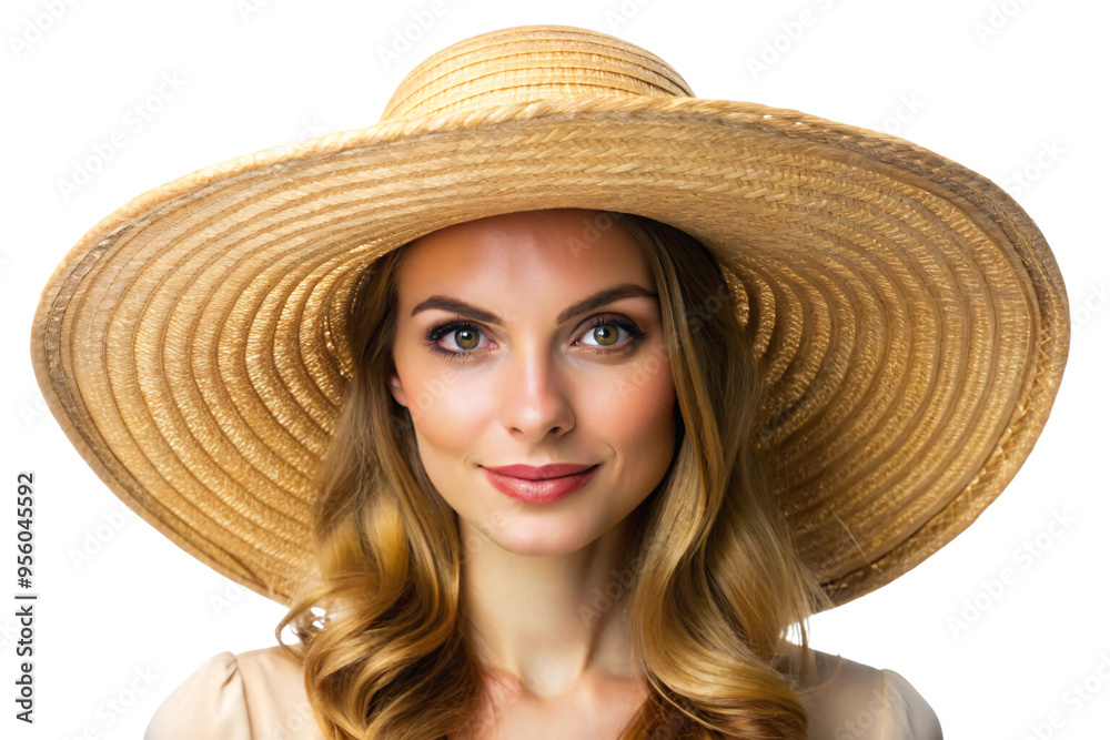 A woman with a soft smile, wearing a large, rounded straw hat that frames her face, with her blonde hair peeking out from beneath, isolated on a transparent background A woman with a soft smile, wearing a large, rounded straw hat that frames her face, with her blonde hair peeking out from beneath, isolated on a transparent background