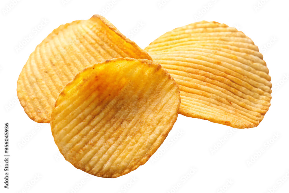 Three ridged potato chips, fanned out slightly, isolated on a transparent background. The golden chips have an appetizing, crunchy texture, with slight browning on the edges Three ridged potato chips, fanned out slightly, isolated on a transparent background. The golden chips have an appetizing, crunchy texture, with slight browning on the edges