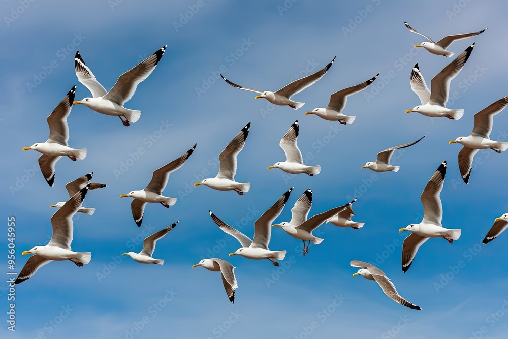 Seagulls Soaring in Blue Sky Background Seagulls Soaring in Blue Sky Background