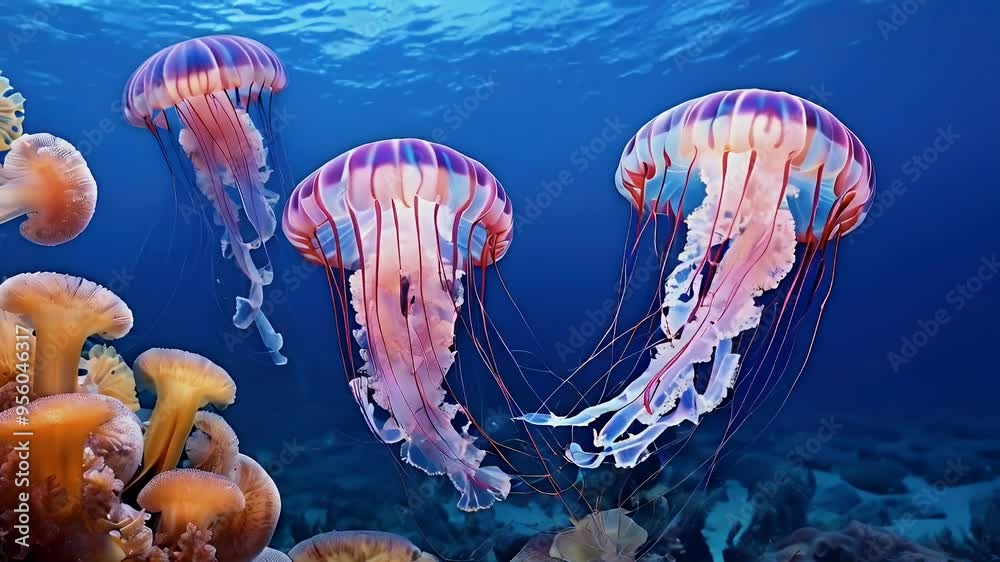 A vibrant underwater scene featuring jellyfish swimming gracefully in the ocean. A vibrant underwater scene featuring jellyfish swimming gracefully in the ocean.