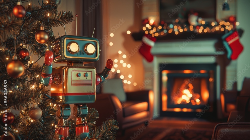 A robot sits at a table in a room with a happy birthday sign A robot sits at a table in a room with a happy birthday sign