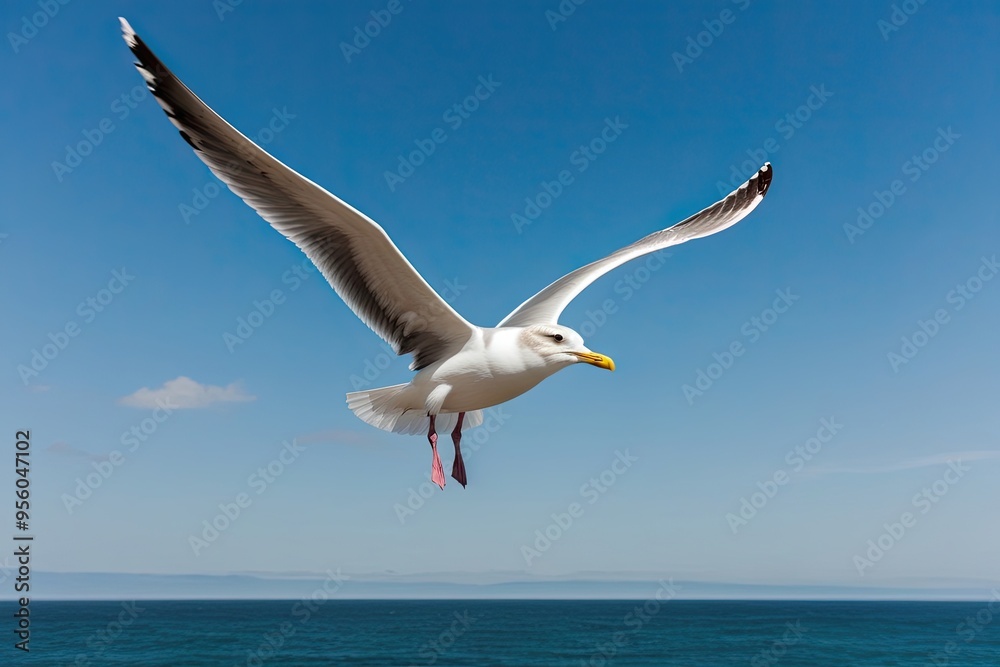 Majestic Seagull Flying in Bright Blue Sky Over Ocean View Majestic Seagull Flying in Bright Blue Sky Over Ocean View