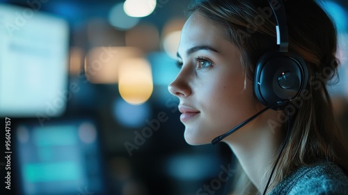Woman Wearing Headphones Looking at Computer Screen