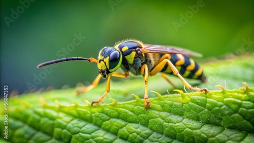 Close-up shot of yellow and black insect on green leaf with blurred background