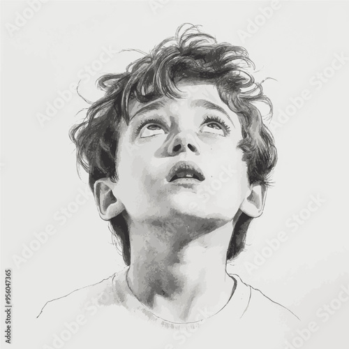 Realistic pencil sketch of a child looking up with an expression of curiosity and wonder, capturing innocence and thoughtfulness.