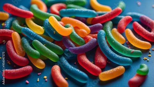 Colorful gummy worms on blue surface with sprinkles. photo