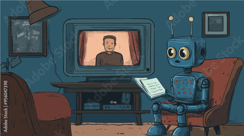 Retro-style robot watching TV and taking notes, set in a vintage living room, creating a nostalgic tech vibe.