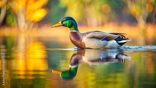 Mallard duck gracefully gliding on a calm lake surrounded by nature