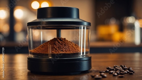 Closeup of filter holder with ground powder on bar coffee make.