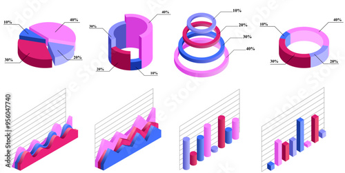 set of editable 3 dimension bar pie circular circle diagram infographics collection charts ,corporate report ,data presentation graphic UI, UX, KIT elements. annual statistics	