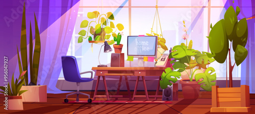 Home office workplace with green plants. Vector cartoon illustration of room interior with workspace by window, computer, lamp and calendar on table, armchair, flower pots, freelancer work space photo