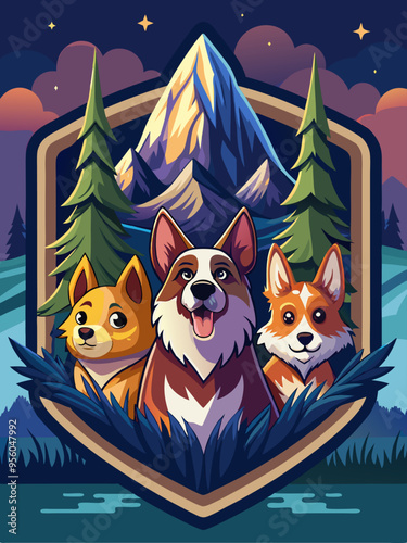 Three Corgis Adorned with Mountains and Stars