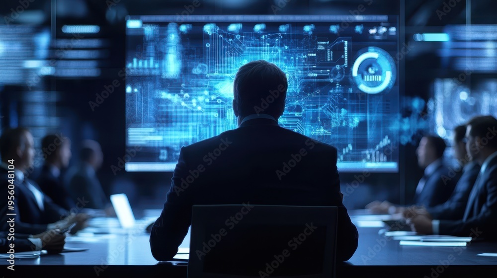 A Silhouetted Businessman Gazing at a Digital Data Display in a Darkened Conference Room A Silhouetted Businessman Gazing at a Digital Data Display in a Darkened Conference Room