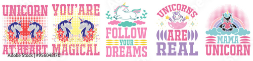 Minimal Unicorn Tshirt Design Bundle Inscriptions, Phrases Set Vector Illustration for Postcard, Banner, Logo