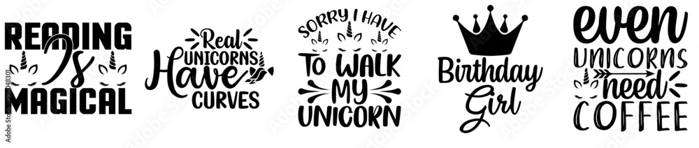 Simple Unicorn Designs Bundle Hand Lettering, Phrases Set Vector Illustration for Decal, Holiday Cards, Packaging Simple Unicorn Designs Bundle Hand Lettering, Phrases Set Vector Illustration for Decal, Holiday Cards, Packaging
