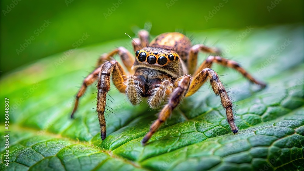 Close-up photo of a spider on a lush green leaf Close-up photo of a spider on a lush green leaf