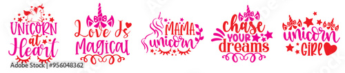 Classic Unicorn Design Bundle Typographic Emblems, Calligraphy Collection Vector Illustration for Sticker, Bookmark, Banner