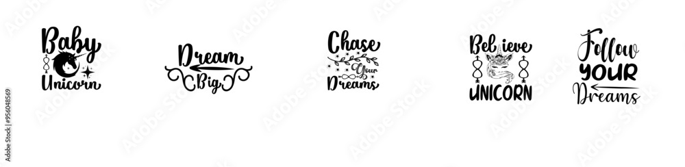 Fototapeta premium Vibrant Unicorn Quotes Bundle Labels And Badges, Hand Lettering Set Vector Illustration for Printing Press, Magazine, Motion Graphics