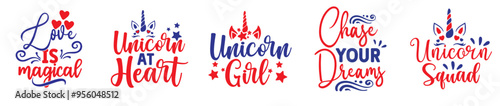 Colourful Unicorn Bundle Hand Lettering, Typographic Emblems Set Vector Illustration for Newsletter, Social Media Post, Label