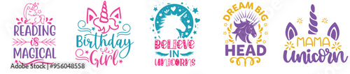 Minimalist Unicorn Bundle Typography, Quotes Set Vector Illustration for Wrapping Paper, Sticker, Label