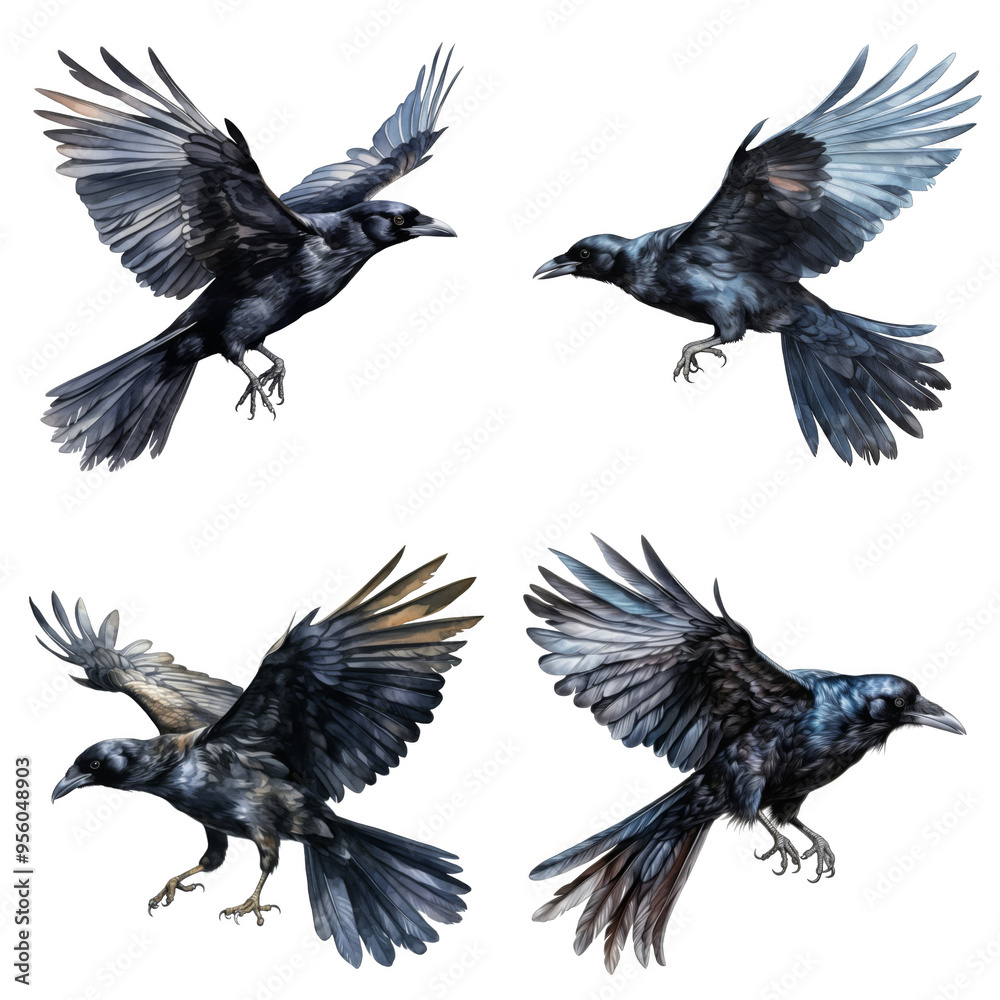 Obraz premium Four Black Crows in Flight with Spread Wings