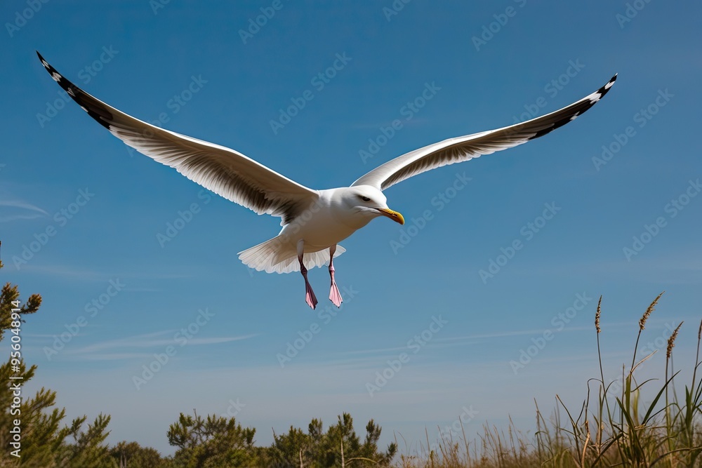 Graceful Seagull Flying in Bright Blue Sky Surrounded by Natural Serenity Graceful Seagull Flying in Bright Blue Sky Surrounded by Natural Serenity