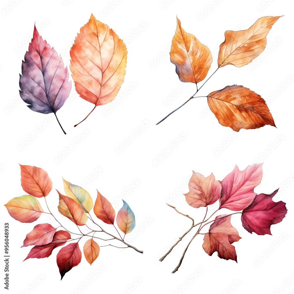 Fototapeta premium Watercolor Illustration of Autumn Leaves and Branches