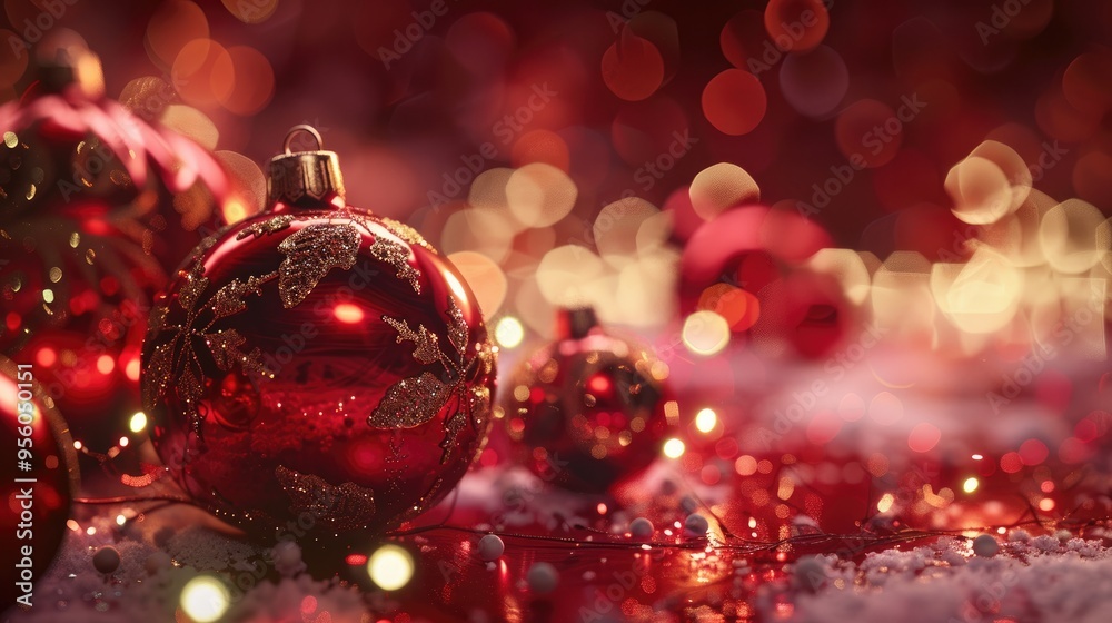 Red Christmas Ornaments with Festive Lights and Snow Red Christmas Ornaments with Festive Lights and Snow