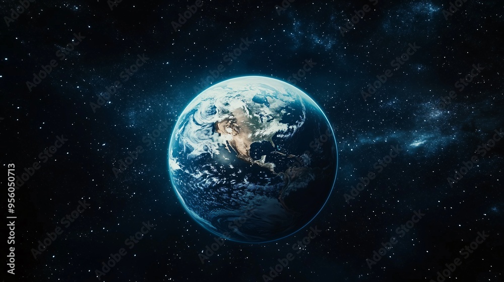 Naklejka premium Planet Earth with a detailed view of continents surrounded by a starry galaxy background depicting space exploration and astronomy
