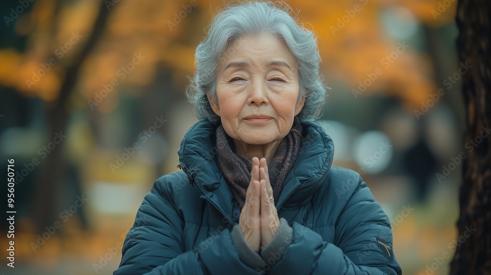 Portrait of old woman praying in nature Portrait of old woman praying in nature