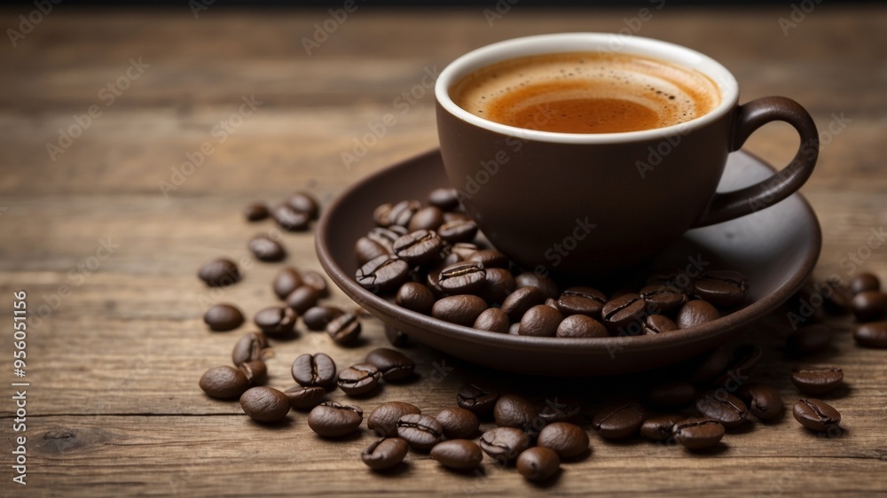 Cup of freshly brewed coffee with coffee beans on a rustic table. Cup of freshly brewed coffee with coffee beans on a rustic table.