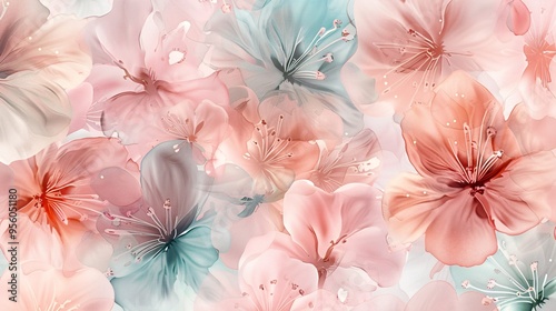 Fototapeta Naklejka Na Ścianę i Meble -  07231249 469. Elegant seamless pattern with watercolor flowers in pastel shades, suitable for beauty product packaging and various decorative applications, offering a serene and beautiful design