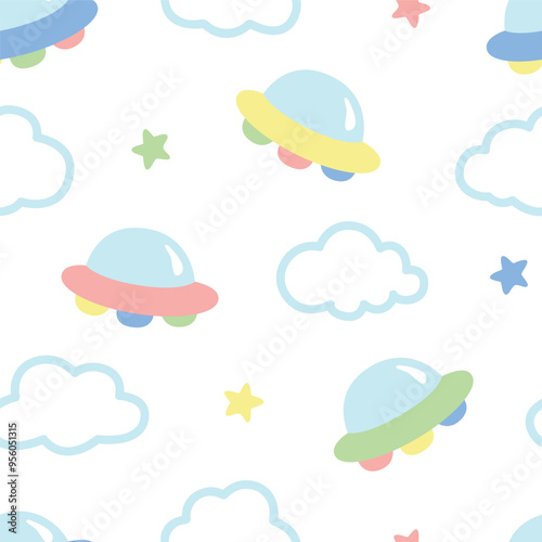 cute UFO spaceship  seamless pattern design for background, wallpaper, textile design, fabric, carpet, blanket, blanket for kids, card, wrapping paper, notebook, diary cover, decoration and etc.