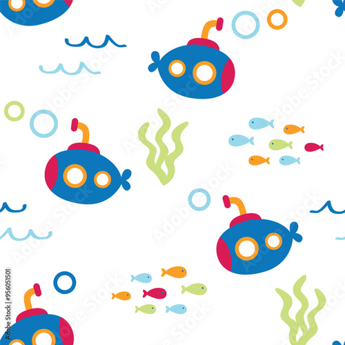 submarine under the sea seamless pattern design for background, wallpaper, textile design, fabric, blanket, blanket for kids, card , wrapping paper , notebook, diary cover, decoration and etc.