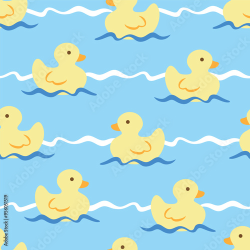 cute duck swimming seamless pattern design for background, wallpaper, textile design, fabric, blanket, blanket for kids, card, wrapping paper, notebook, diary cover, tile design, decoration and etc.