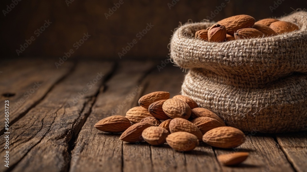 A burlap sack filled with almonds sits on a rustic wooden table with a few almonds scattered nearby. A burlap sack filled with almonds sits on a rustic wooden table with a few almonds scattered nearby.