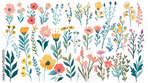 07231249 477. Set of hand-drawn floral elements for spring, featuring a variety of wildflowers, leaves, and branches in bright colors on a white background, ideal for easter and thanksgiving