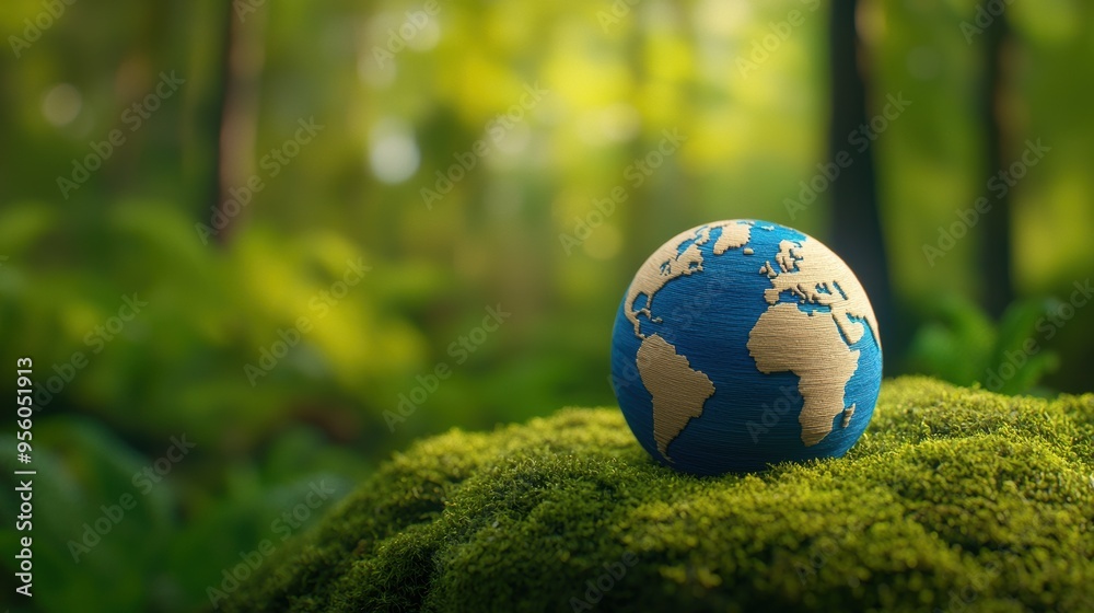 A vibrant globe resting on lush green moss, symbolizing nature and environmental awareness in a peaceful forest setting. A vibrant globe resting on lush green moss, symbolizing nature and environmental awareness in a peaceful forest setting.