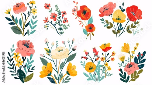 07231249 481. Set of flat style floral elements, including beautiful spring and summer flowers, hand-drawn in vector format, perfect for wedding concepts, cards, invitations, and posters